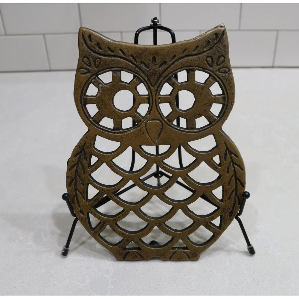 Vintage Cast Iron Owl Trivet Bronze Tone Metal Kitchen Hot Pad Wall Decor 7.5in